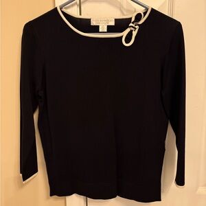 Navy white silk sweater bow 3/4 sleeves